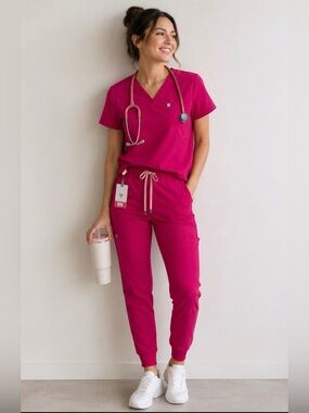 Fabletics Hot Pink Scrub Set XS Top XXS/T Jogger Pants